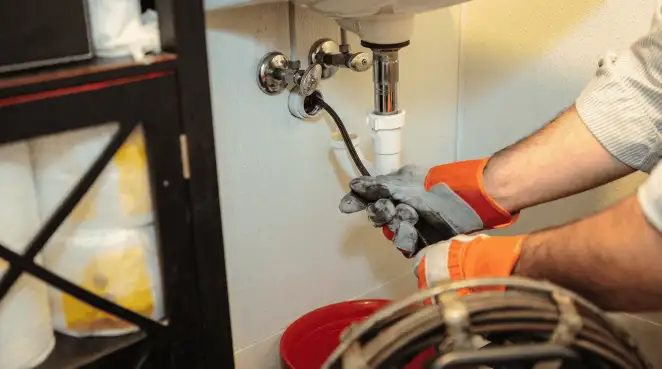 Drain cleaning technician using a motorized plumbing snake to clear a clogged sink pipe in Tacoma, WA